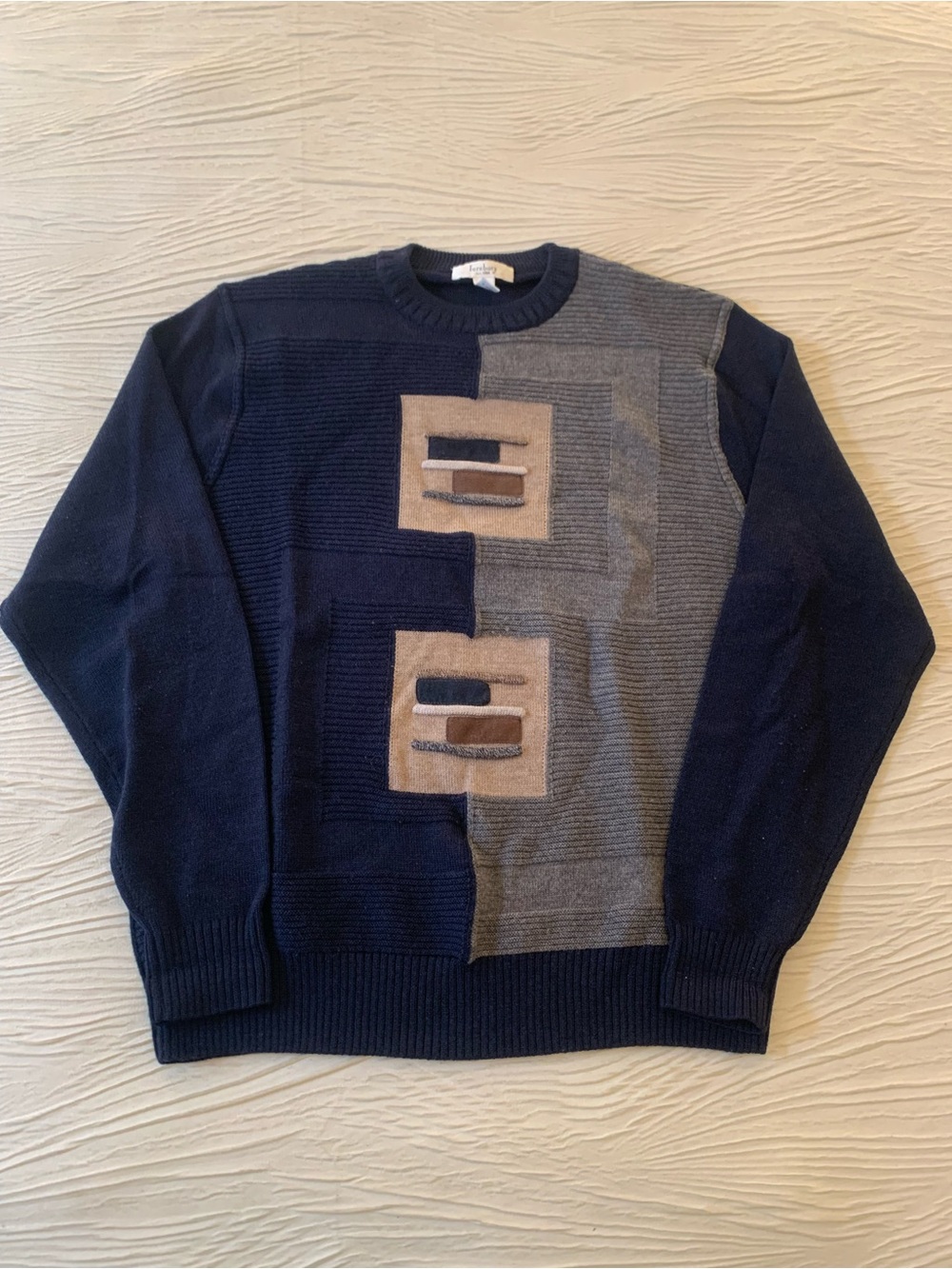 Turnbury 100% Merino Wool Navy Blue Geometric Pattern Sweater, size Medium